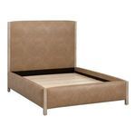 Angled view of Emmett Bed frame with wooden slats exposed and tan upholstery on headboard and sides