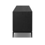 Side profile of Rosenell Media Console highlighting smooth black wood grain and sharp edges