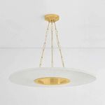Chandelier mounted in room setting against white ceiling, showing scale and warm glow