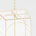 Top corner view showing brushed nickel frame with arched details and chain connection