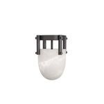 Flush mount presenting alabaster shade and iron frame with visible rivets from right angle
