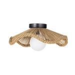 Flush mount ceiling light viewed from a slight side angle showing the rope shade and globe globe slightly off-center