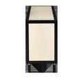 Side profile showing a solid ivory raffia panel bordered by black wood trim