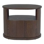 Tommy nightstand in dark brown with solid oak frame and racetrack capsule shape, featuring open shelf and curved drawer