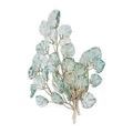 Close-up on cluster of pale green glass leaves with visible veins and silver framing