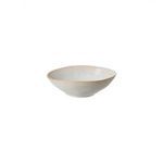 Shallow white ceramic stoneware bowl with soft irregular rim and subtle blue glaze accents