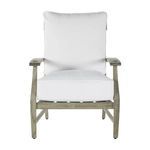 Front view of Croquet teak lounge chair with square armrests and thick white cushions
