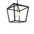 Angled view from bottom right accentuating geometric frame design and suspended globe