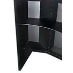 Close-up inside view of bent metal shelf and structural rivets within storage area