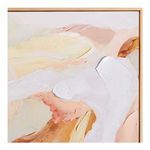 Close-up of textured brush strokes in peach, cream, and white tones with edge of wooden frame