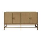 Cerused oak sideboard with four doors, brass-accented hardware, and slim metal base in warm brass finish