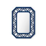 Rectangular mirror with marine blue geometric lattice frame and angled octagonal corners