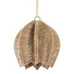 Pendant light crafted from natural Abaca rope with intricate leaf-inspired weave suspended by a vintage gold leaf chain