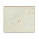 Abstract-expressionist painting with soft cream background and subtle scribbles in muted tones, framed in light wood