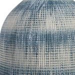 Close-up of the textured ceramic base with blue and beige horizontal striped pattern