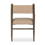 Back view showing full width of beige fabric backrest and wooden frame detail