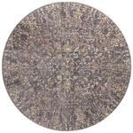 Round version of Rosemarie Graphite Multi rug displaying muted purples and golds in traditional medallion design