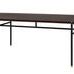 Rectangular stacking dining table with smoked wood top and slim black metal legs with gold caps