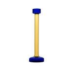 Tall glass candle holder with slender amber yellow stem and cobalt blue base and top