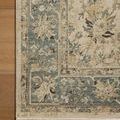 Top down close-up of corner showing detailed blue-green border and cream floral interior