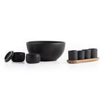 Matte black ceramic espresso cups with lid and mixing bowl grouped on white surface showing product scale and variety