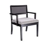 Bramblewood Arm Chair with black eucalyptus wood frame, black cane backrest panel, and light gray cushioned seat