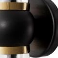 Close-up of Byford Bath Wall Sconce showing matte black spherical center and gold metal rings