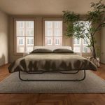Kiran sleeper sofa bed setup in modern room facing three large windows with green plant