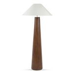 Tall floor lamp with a smooth, expansive brown resin base and a large white linen shade angled downward