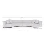 Front view with dimensional specifications overlayed showing height, length, and depth of sectional