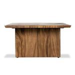 Front view highlighting vertical wood grain pattern on the broad legs under the split top