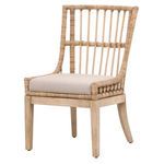 Three-quarter side view highlighting curved armrest and rattan weaving detail
