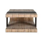 Front view of Danica Coffee Table revealing open internal shelf with vertical iron supports and wood grain surface