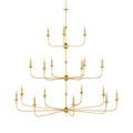 Alternate view of chandelier with textured gold finish lit against a white background