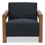 Garnet Lounge Chair with solid oak frame, warm stained wood, and black wool blend upholstery, blocky retro style