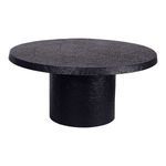 Side angle of black pedestal coffee table showing thick tabletop and textured cylindrical base