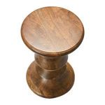 Overhead view of sable turned wood end table showing circular top and sculptural wooden base