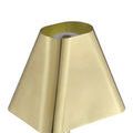 Rear-angle view of trapezoidal gold shade and sphere accent from lamp base to top