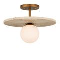 Apricity Semi-Flush Mount at slight angle showing thickness and veining of travertine disc