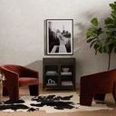 Photo displayed on a gray wall above a black cabinet flanked by rust-colored chairs on a cowhide rug