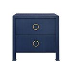 Edelman Side Table in navy blue with two drawers and brass ring pulls, modern silhouette with textured finish