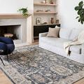 Teagan Denim Pebble rug shown in living room with sofa, fireplace, and chair