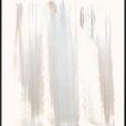 Abstract modern painting with vertical brushstrokes in taupe, gray, and white on cream background, framed in espresso wood