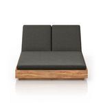 Front view highlighting charcoal cushions on a wide wooden base with both backrests positioned upright