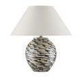 Minnows Blue Table Lamp with shade angled slightly to the left, highlighting silhouette of the lamp base pattern
