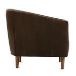 Side view of Pate Leather Chair highlighting smooth, dark brown nubuck upholstery and wooden leg profile