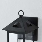 Close-up on textured forged iron triangular roof vent details and top ring of outdoor wall sconce.