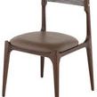 Assembly Dining Carmel Chair with sepia leather cushioned seat and dark walnut wood frame with dual horizontal back slats