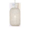 Tall cylindrical pendant light with a vanilla wrought iron frame wrapped in cream Kraft paper twine