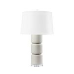 Modern Charles Lamp with three-section ceramic column, white opaque glaze, clear acrylic base, and white drum shade